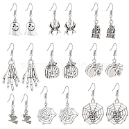 9 Pairs 9 Style Spider & Castle & Witch & Pumpkin Alloy Dangle Earrings for Halloween, Antique Silver, 33~53mm, Pin: 0.6mm, 1 Pair/style(EJEW-AN0002-92)