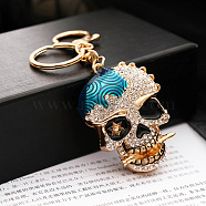 Alloy Rhinestone Pendant Keychain, with Alloy Key Rings and Lobster Claw Clasps, Long-Lasting Plated, Skull, Dark Turquoise, Pendant: 6x4.5cm(SKUL-PW0002-063D)