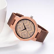 Leather Wristwatches, with Wooden Watch Head and Alloy Findings, Camel, 250x23x2mm, Watch Head: 54.5x48.5x12mm, Watch Face: 37mm(WACH-K008-18)
