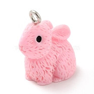 Opaque Resin Pendants, 3D, Rabbit Charm, with Platinum Tone Iron Loops, Pink, 21x12.5x22mm, Hole: 2mm(RESI-H143-01B)