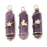 3Pcs 3 Styles Natural Amethyst Copper Wire Wrapped Pointed Pendants, Faceted Bullet Charms with Golden Tone Brass Heart & Star & Butterfly Beads, 34.5~37x10.5x12mm, Hole: 2.7mm, 1pc/style(PALLOY-JF02460-02)