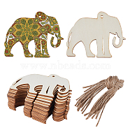 Animal Theme Unfinished Blank Wooden Pendants Set for Painting Arts, Pyrography, Home Decor, with Jute Cord, Elephant, 7.9x10x0.2cm, Hole: 3.5mm, 20pcs(WOOD-WH0124-26I)