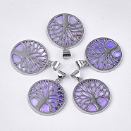 Freshwater Shell Pendants, with Alloy Findings, Dyed, Flat Round with Tree of Life, Platinum, Lilac, 37.5x33.5x3mm, Hole: 6x8.5mm(SHEL-S275-01H)