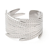 304 Stainless Steel Open Cuff Rings, Feather, Stainless Steel Color, US Size 7 1/4(17.5mm)(RJEW-K245-82P)