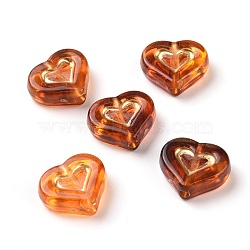 Acrylic Beads, Imitation Amber, Golden Metal Enlaced, Heart, Chocolate, 12.5x14.7x5mm, Hole: 1.8mm, about 750pcs/500g(OACR-C013-23)