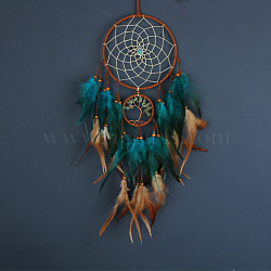Woven Net/Web with Feather Wind Chime, with Iron Rings, for Home Offices Wall Ornament Tree of Life, Teal, 500mm(PW-WG37116-01)