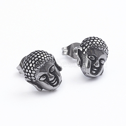 Retro 304 Stainless Steel Stud Earrings, with Ear Nuts, Buddha Head, Antique Silver, 11x9.5mm, Pin: 0.7mm(EJEW-L248-016AS)
