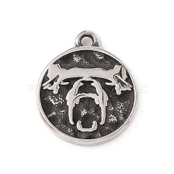 304 Stainless Steel Pendant, Flat Round with Wolf Head, Antique Silver, 23x19x3mm, Hole: 2mm(STAS-E158-15AS)