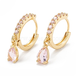 Brass Micro Pave Cubic Zirconia Huggie Hoop Earrings, Real 18K Gold Plated, Teardrop, Pink, 22.5x14.5x2mm, Pin: 0.8mm(EJEW-K087-03G-03)