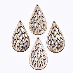 Unfinished Hollow Wood Big Pendants, Laser Cut Wood Shapes, Teardrop, Antique White, 57~58x31x2.5mm, Hole: 2mm(WOOD-N006-90)