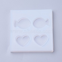 Silicone Molds, Resin Casting Molds, For UV Resin, Epoxy Resin Jewelry Making, Square with Fish and Heart, White, 48x48x5mm, Inner Diameter: 12~13x15~20mm(X-DIY-WH0143-43)