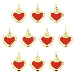 10Pcs Brass Enamel Charms, Lead Free & Cadmium Free, Real 18K Gold Plated, Rack Plating, Heart, Red, 12.5x13.5x2.5mm, Hole: 3mm(KK-SZ0003-35)