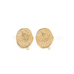 Ion Plating(IP) 304 Stainless Steel Stud Earring Findings, Earring Setting for Enamel, with Ear Nuts and Loop, Oval with Sun, Real 14K Gold Plated, 21x16mm, Hole: 1.5mm, Pin: 0.7mm, Tray: 3.5mm(X-STAS-N097-237LG)
