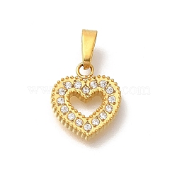 Ion Plating(IP) 304 Stainless Steel Micro Pave Cubic Zirconia Pendants, Heart, 11x10x1.5mm, Hole: 4.5x3mm(STAS-H228-04G-04)