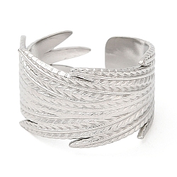 Non-Tarnish 304 Stainless Steel Open Cuff Rings, Feather, Stainless Steel Color, US Size 7 1/4(17.5mm)(RJEW-K245-82P)