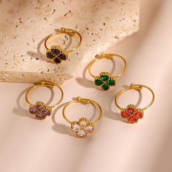 304 Stainless Steel Pave Cubic Zirconia Cuff Rings for Women, Four Leaf Clover, Ion Plating(IP), Long-Lasting Plated, Real 18K Gold Plated, Mixed Color, 18mm