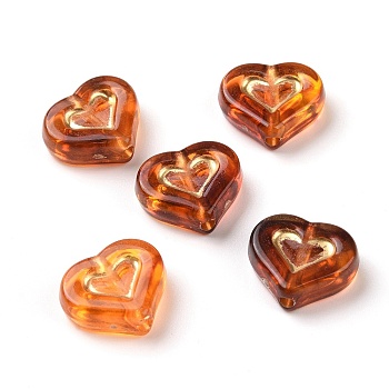 Acrylic Beads, Imitation Amber, Golden Metal Enlaced, Heart, Chocolate, 12.5x14.7x5mm, Hole: 1.8mm, about 750pcs/500g