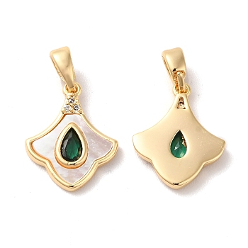 Brass Cubic Zirconia Pendants, with Shell, Ginkgo Leaf with Teardrop Pattern, Real 18K Gold Plated, 15x12x2mm, Hole: 2x4.8mm
