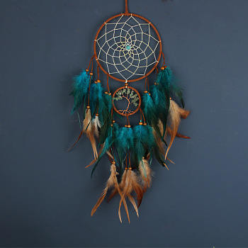 Woven Net/Web with Feather Wind Chime, with Iron Rings, for Home Offices Wall Ornament Tree of Life, Teal, 500mm