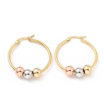 Vacuum Plating 201 Stainless Steel Beaded Ring Hoop Earrings with 316 Stainless Steel Pins for Women, Mixed Color, 33.5x2mm, Pin: 0.6mm