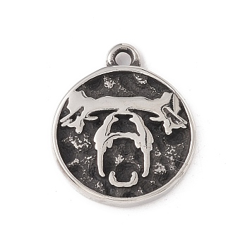 304 Stainless Steel Pendant, Flat Round with Wolf Head, Antique Silver, 23x19x3mm, Hole: 2mm
