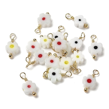 Glass Charms, with Real 18K Gold Plated Brass Loop, Flower Charm, Mixed Color, 13x6x2.5mm, Hole: 2mm