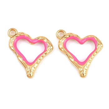 304 Stainless Steel Enamel Pendants, Heart Charms, Ion Plating(IP), Golden, Deep Pink, 18x18.5x3mm, Hole: 2.5mm