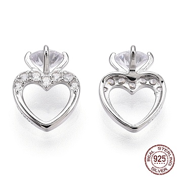 Rhodium Plated 925 Sterling Silver Micro Pave Cubic Zirconia Charms, with S925 Stamp, Heart Charms, Nickel Free, Real Platinum Plated, 10x8x5.5mm, Hole: 3.5x5.5mm