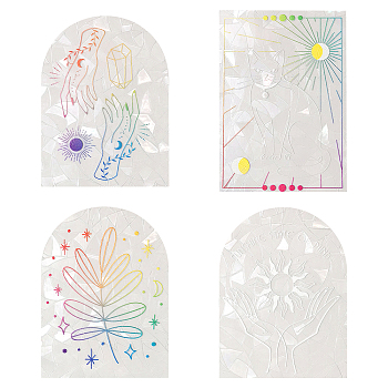 Gorgecraft 4 Sets 4 Style Waterproof PVC Window Film Adhesive Stickers, Electrostatic Window Stickers, Arch Shape, Leaf Pattern, Sun Pattern and Cat Pattern, Colorful, 14.8~14.9x11.1cm, 1set/style