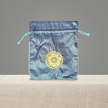 Chinese Style Brocade Drawstring Gift Blessing Bags, Jewelry Storage Pouches for Wedding Party Candy Packaging, Rectangle with Flower Pattern, Steel Blue, 18x15cm