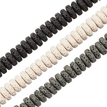 3 Strands 3 Colors Natural Lava Rock Beads Strands, Dyed, Flat Round, Mixed Color, 8~8.5x3~4mm, Hole: 2mm, about 54~60 pcs/Strand, 7.87 inch(20 cm), 1strand/color