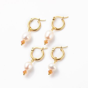 Natural Pearl & Glass Beaded Dangle Hoop Earrings, 304 Stainless Steel Jewelry for Women, Golden, 32~35mm, Pin: 0.6mm