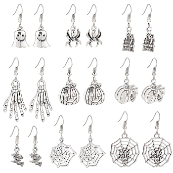 9 Pairs 9 Style Spider & Castle & Witch & Pumpkin Alloy Dangle Earrings for Halloween, Antique Silver, 33~53mm, Pin: 0.6mm, 1 Pair/style