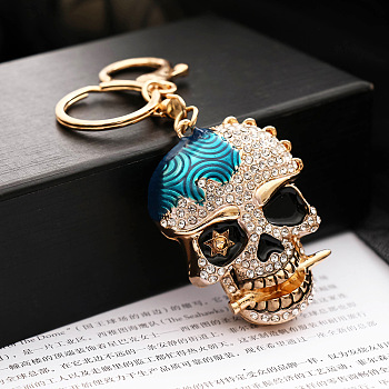 Alloy Rhinestone Pendant Keychain, with Alloy Key Rings and Lobster Claw Clasps, Long-Lasting Plated, Skull, Dark Turquoise, Pendant: 6x4.5cm