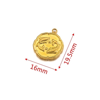 Stainless Steel Pendant, Golden, Flat Round with Constellation Charm, Pisces, 19.5x16mm