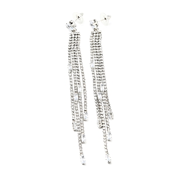 Clear Cubic Zirconia & Crystal Rhinestone Long Tassel Dangle Stud Earrings, Brass Earrings with 925 Sterling Silver Pins for Women, Platinum, Rectangle Pattern, 122mm, Pin: 0.8mm