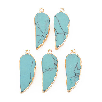 Synthetic Turquoise Pendants, with Light Gold Plated Iron Loop, Wing, 33~33.5x12~13x5~6mm, Hole: 1.8mm