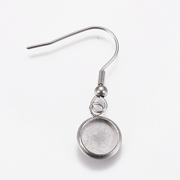 Stainless Steel Dangle Earrings, Cabochon Settings, Flat Round, Stainless Steel Color, Tray: 8mm, Pendant: 13x10x1.5mm, 34mm, 21 Gauge, Pin: 0.7mm