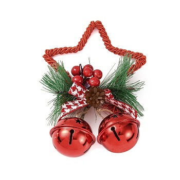 Christmas Plastic Star with Bell Pendant Decorations, for Christmas Tree Hanging Ornaments, FireBrick, 140x93x40mm, Hole: 16x18mm