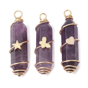 3Pcs 3 Styles Natural Amethyst Copper Wire Wrapped Pointed Pendants, Faceted Bullet Charms with Golden Tone Brass Heart & Star & Butterfly Beads, 34.5~37x10.5x12mm, Hole: 2.7mm, 1pc/style