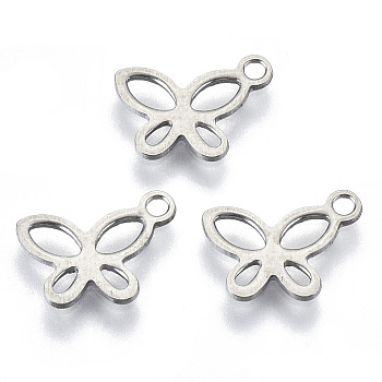 201 Stainless Steel Charms, Cut-Out, Laser Cut, Hollow, Butterfly, Stainless Steel Color, 8x10.5x0.7mm, Hole: 1.4mm