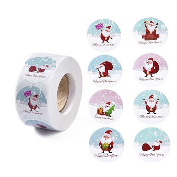 8 Patterns Santa Claus Round Dot Self Adhesive Paper Stickers Roll, Christmas Decals for Party, Decorative Presents, Light Blue, 25mm, about 500pcs/roll