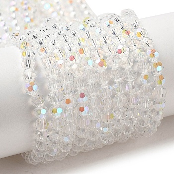 Electroplate Transparent Glass Beads Strands, Faceted, Round, Rainbow Plated, Clear AB, 4mm, Hole: 0.7mm, about 88~95pcs/strand, 12.99~14.06 inch(33~35.7cm)