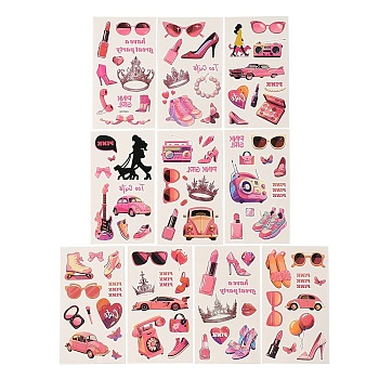 10 Sheet 10 Styles Party Theme Paper & PET Adhesive Waterproof Stickers Set, for DIY Photo Album Tumbler Diary Scrapbook Decorative, Pink, 120x68.5x0.1mm, Pattern: 17~50x12~42mm, 1 Sheet/style