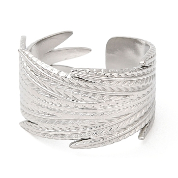 304 Stainless Steel Open Cuff Rings, Feather, Stainless Steel Color, US Size 7 1/4(17.5mm)