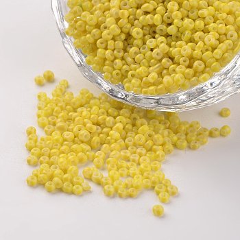 12/0 Opaque Colours Seep Glass Beads, Round Seed Beads, Yellow, 1.5~2x2mm, Hole: 0.5mm, about 22500pcs/450g