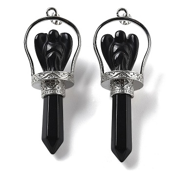 Natural Obsidian Pointed Big Pendants, Faceted Bullet & Angel Charms with Brass Findings, Rack Plating, Platinum, 71~77x27~28x19~20mm, Hole: 6.5x4.5mm