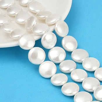 Electroplated Shell Pearl Beads Strands, Flat Round, Polished, White, 18x7.5mm, Hole: 1mm, about 22pcs/strand, 15.67''(39.8cm)