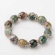 Natural Gemstone Round Bead Stretch Bracelets, with Antique Silver Plated Alloy Bead Caps, Indian Agate, 42mm(BJEW-JB01506-05)