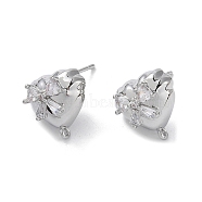 Brass with Cubic Zirconia Stud Earrings Findings, with 925 Sterling Silver Pins, Heart, Platinum, 13x13x6mm, Hole: 1.2mm, Pin: 0.5x12mm(KK-B087-10P)